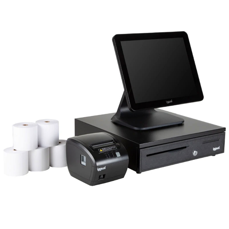 Sistema de ponto de venda com monitor touchscreen preto e impressora térmica com rolos de papel