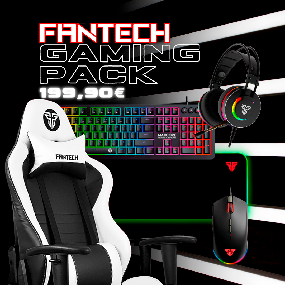 Pack gaming FANTECH com cadeira preta e branca, teclado MAXCORE RGB, auscultadores e rato RGB