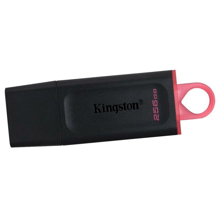 Pen USB Kingston preta com detalhes vermelhos e capacidade 256 GB.