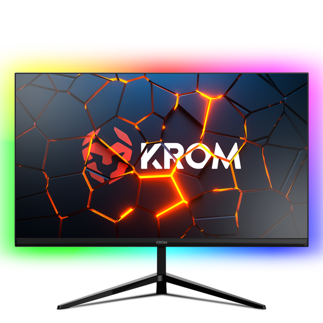 Monitor KROM preto com padrão laranja e logo KROM no ecrã