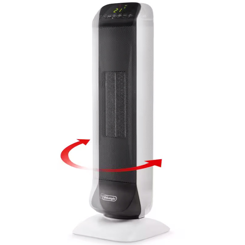 Aquecedor elétrico vertical DeLonghi com painel digital e base branca