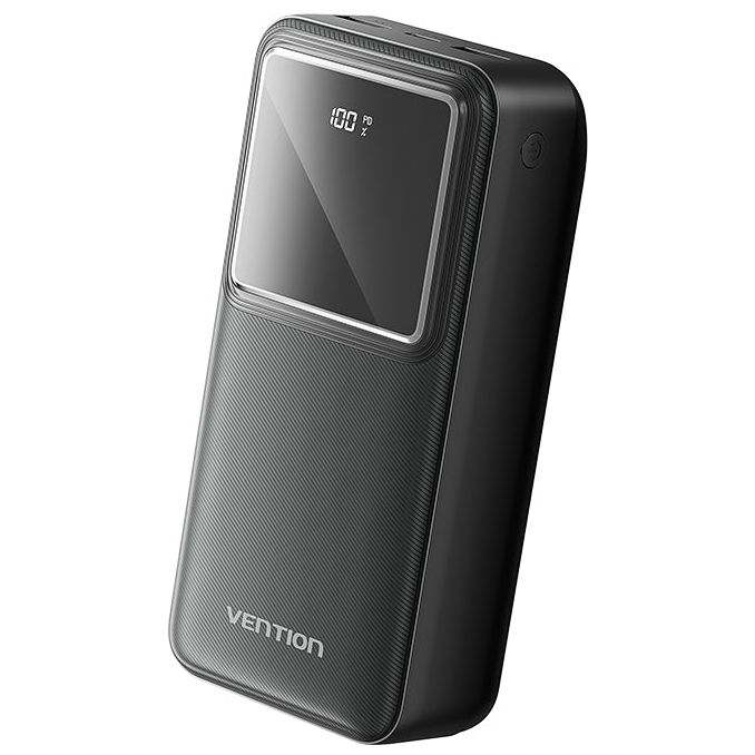 Carregador portátil preto com ecrã digital e textura riscada da marca Vention