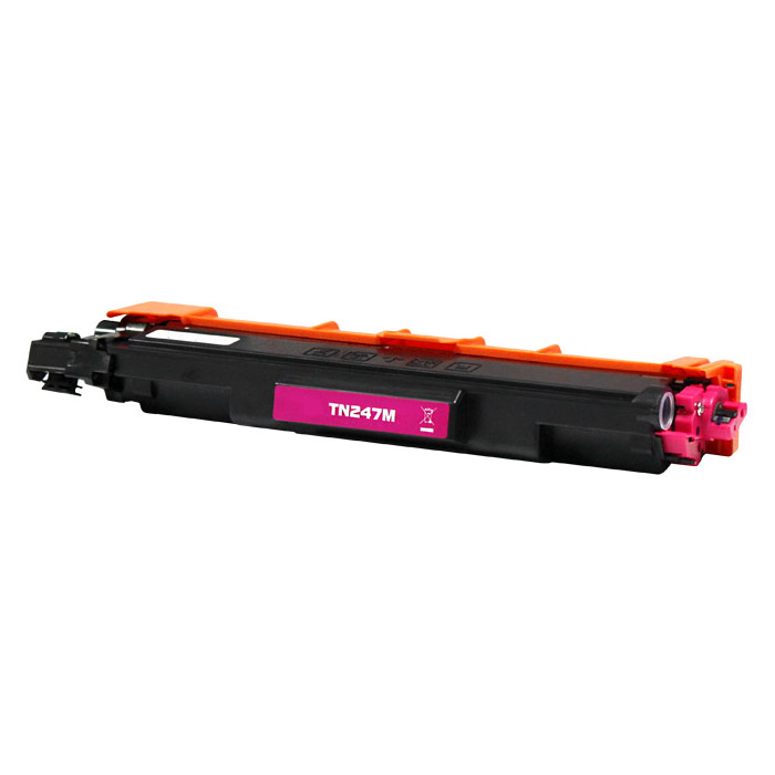 Cartucho de toner preto com detalhes laranja e rosa, etiqueta TN247M