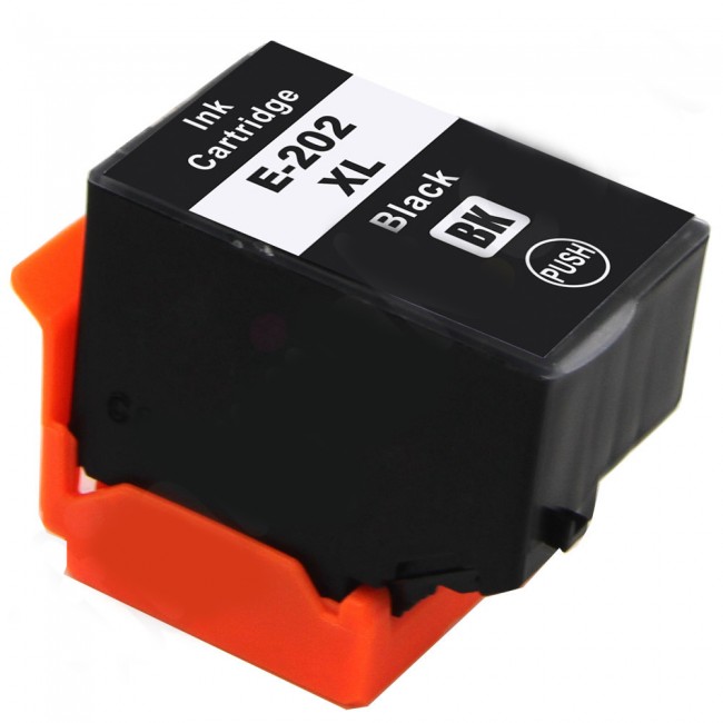 Cartucho de tinta preto E-202 XL com suporte laranja e etiquetas em preto e branco