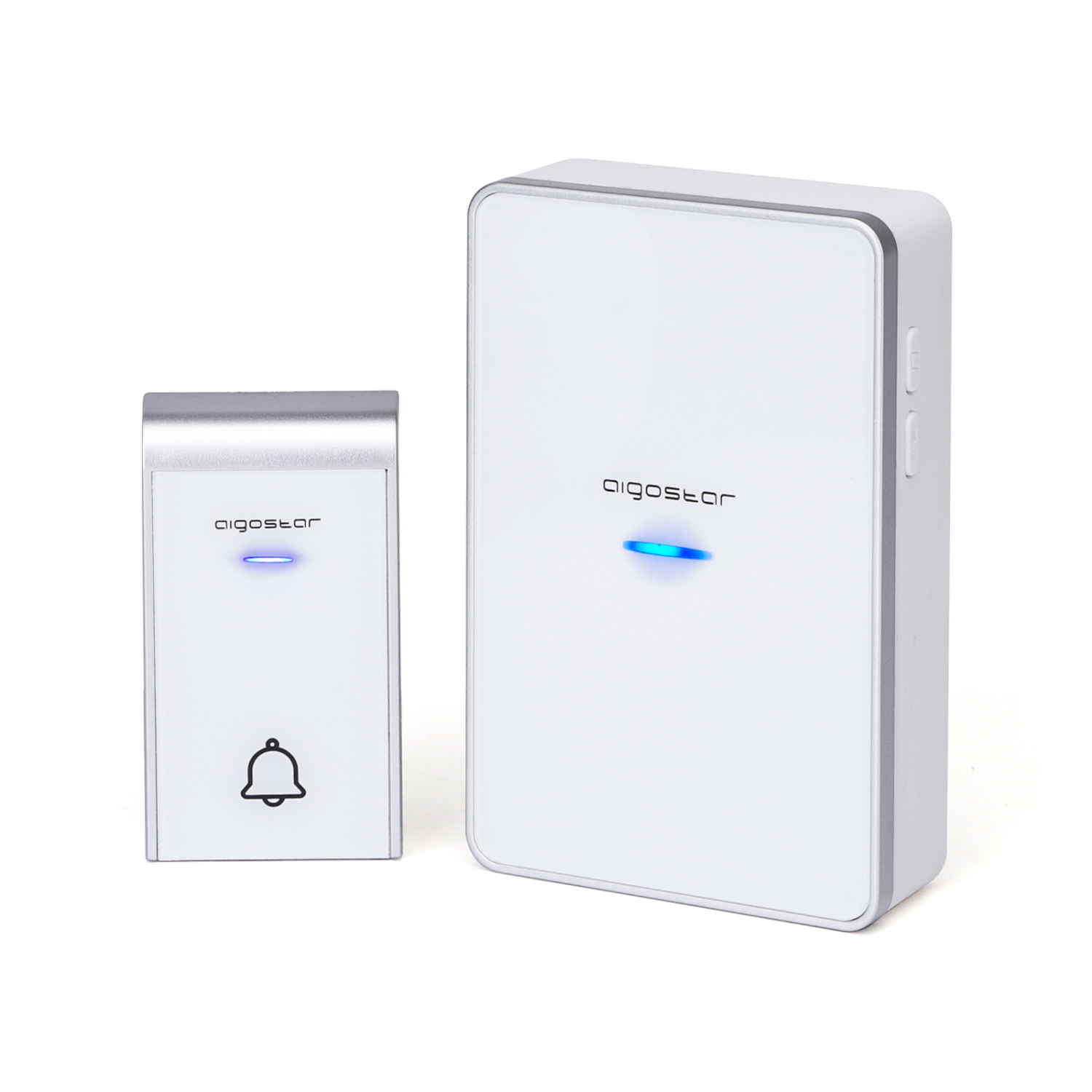 Campainha eletrónica branca com botão transmissor e unidade principal