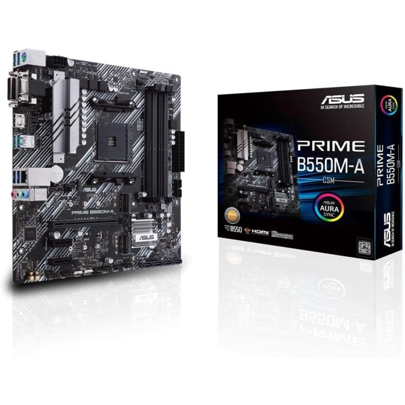 Placa-mãe ASUS PRIME B550M-A GSM preta e embalagem ao lado