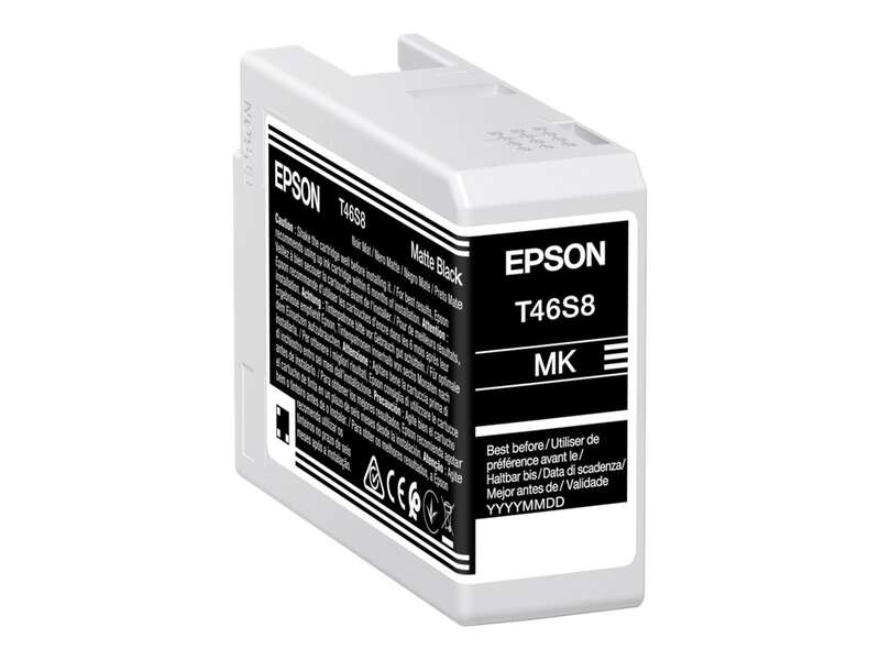 Cartucho de tinta preto mate EPSON T46S8 com etiquetas e texto multilingue.