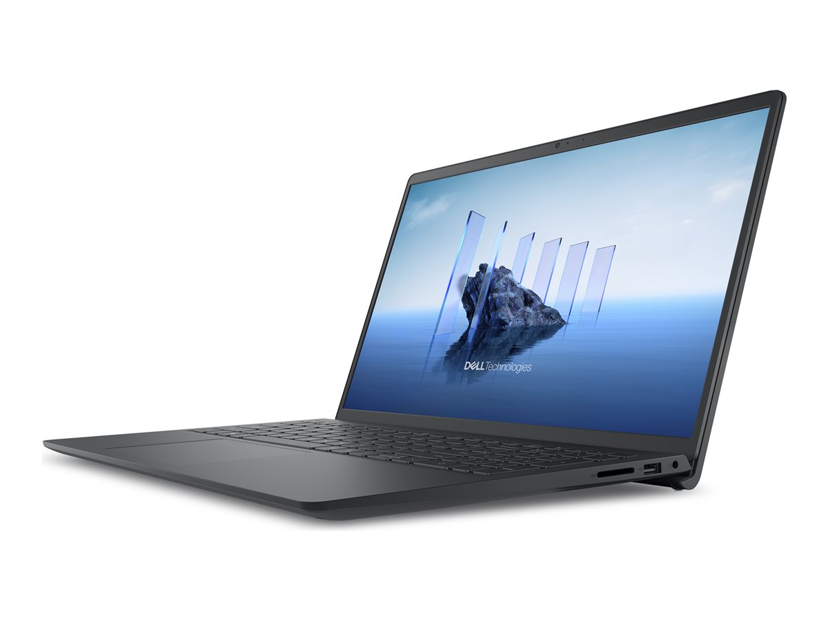 Computador portátil preto Dell aberto com ecrã ligado e teclado visível