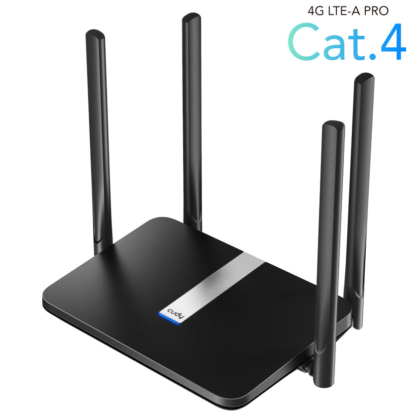 Router preto com quatro antenas e texto 4G LTE-A PRO Cat.4