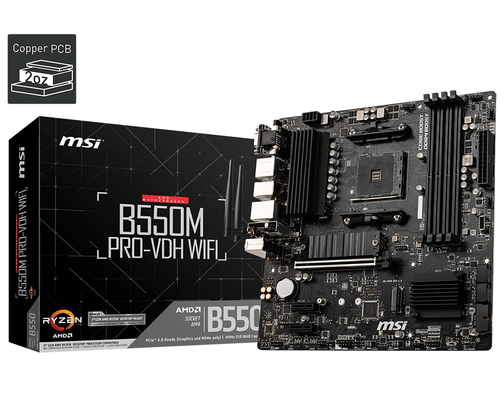 Placa mãe MSI B550M PRO-VDH WIFI com caixa e componentes detalhados