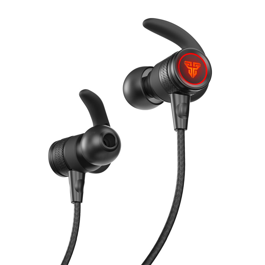 Auriculares intra-auriculares negros com detalhes vermelhos e cabo trançado