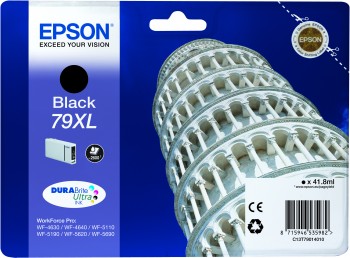 Embalagem de tinteiro Epson preto 79XL com imagem da Torre de Pisa