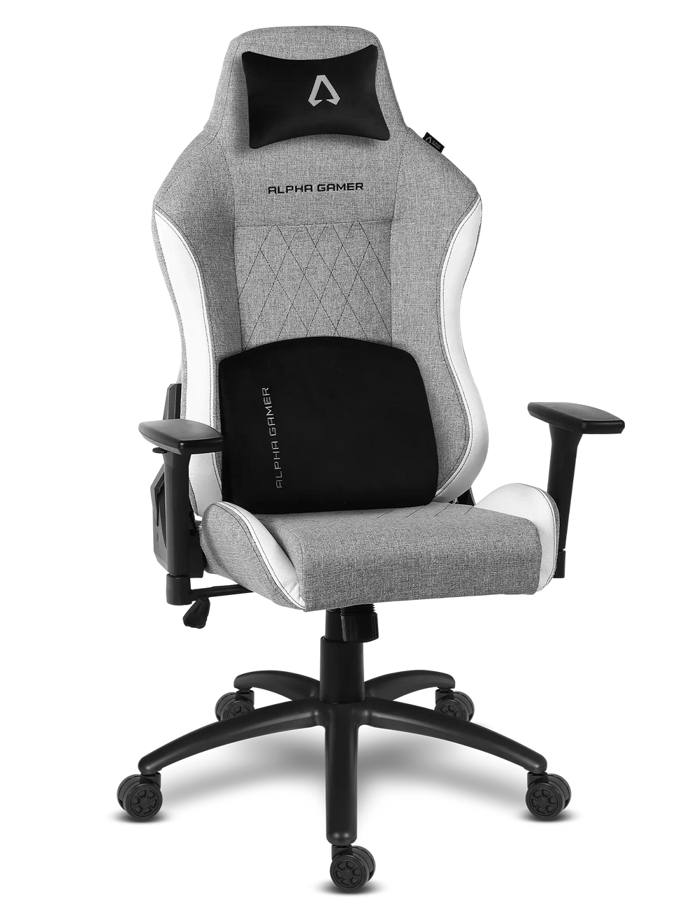 Cadeira gamer ALPHA GAMER cinzenta e branca com base preta e rodas