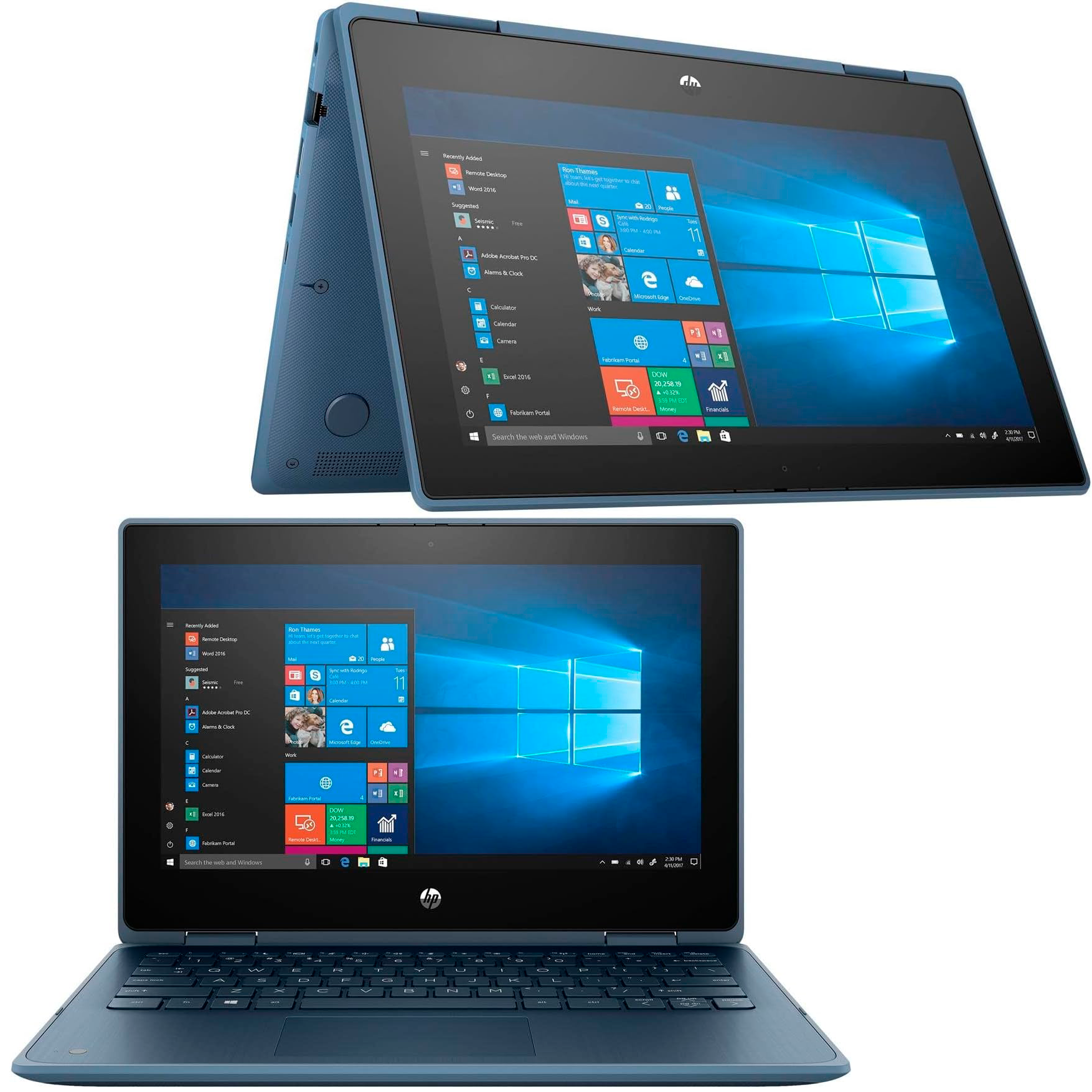 Notebook portátil azul metálico Windows 10 em modos tablet e portátil