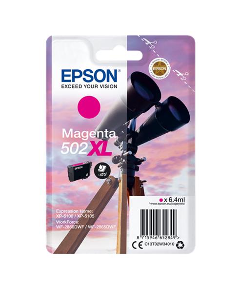 Cartucho de tinta Epson Magenta 502 XL com imagem de binóculos e céu ao pôr do sol.