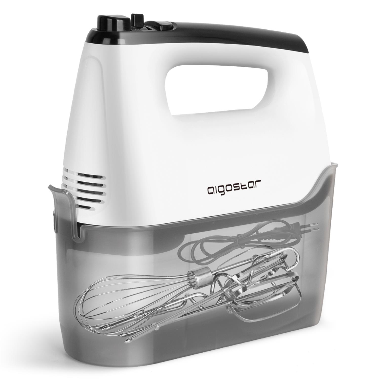 Batedeira elétrica Aigostar branca e preta com acessórios num recipiente transparente