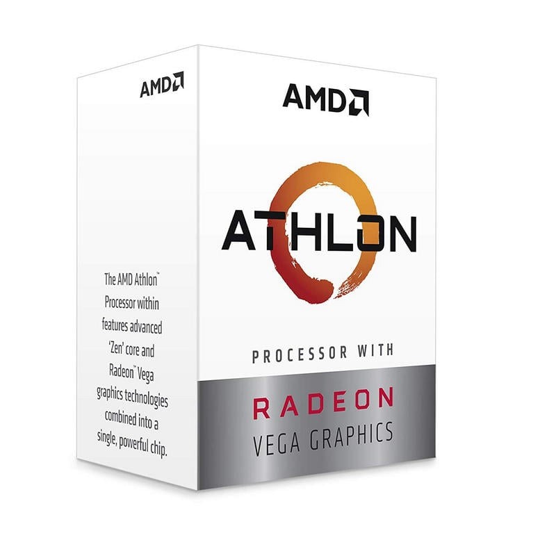 Embalagem branca do processador AMD Athlon com gráfico circular laranja e texto