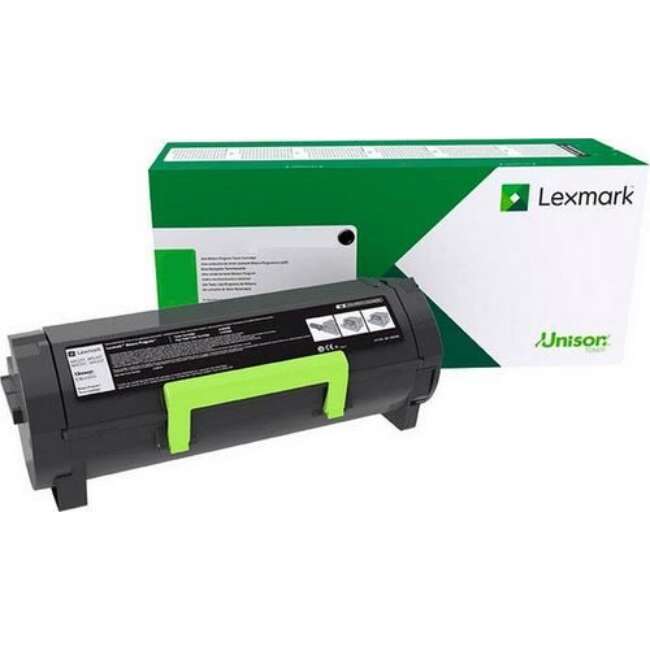 Recipiente de toner preto Lexmark com pega verde em embalagem verde e branca