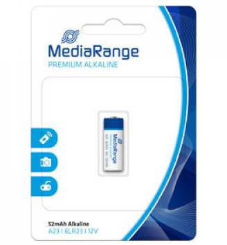 Pilha alcalina MediaRange Premium Alkaline A23 12V em embalagem branca e azul