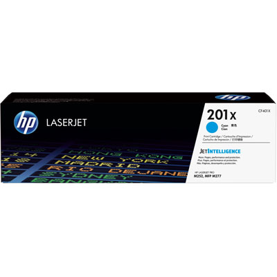 Cartucho HP LaserJet 201X Cyan modelo CF401X embalagem preta e azul
