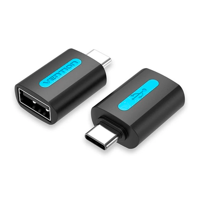 Adaptadores USB-C para USB-A pretos com detalhes azuis e símbolos VENTION e USB