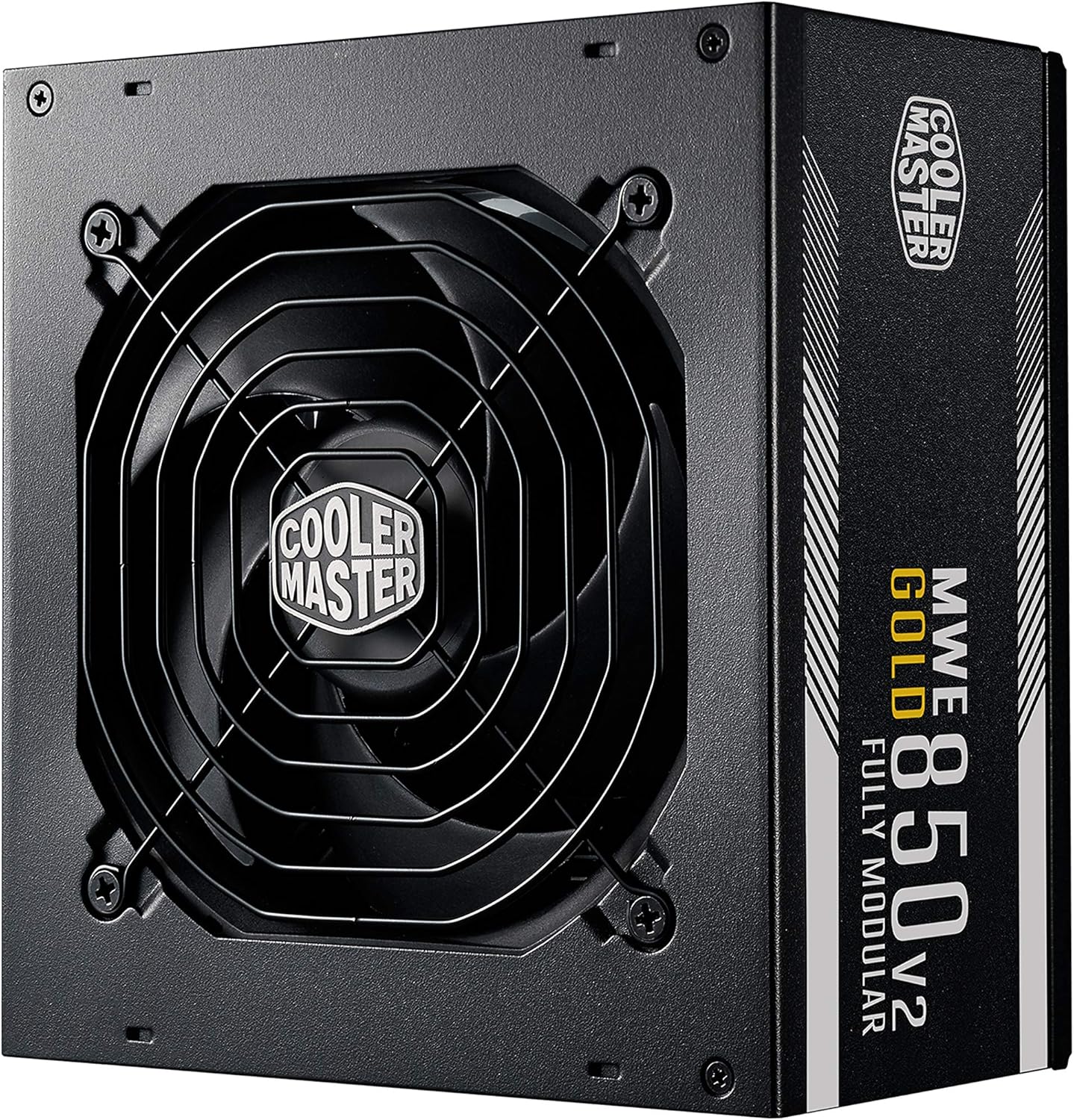 Fonte de alimentação preta Cooler Master com ventoinha e textos MWE GOLD 850 V2