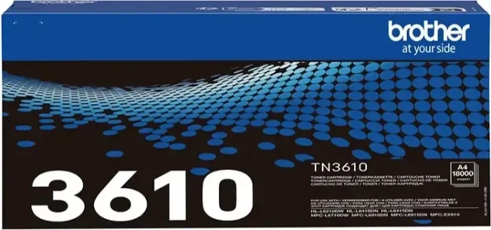 Embalagem de toner Brother TN3610 preta e azul com texto branco