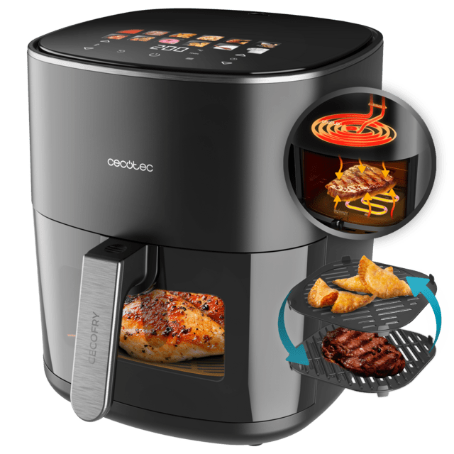 Air fryer preta Cecotec com painel digital e frango dentro