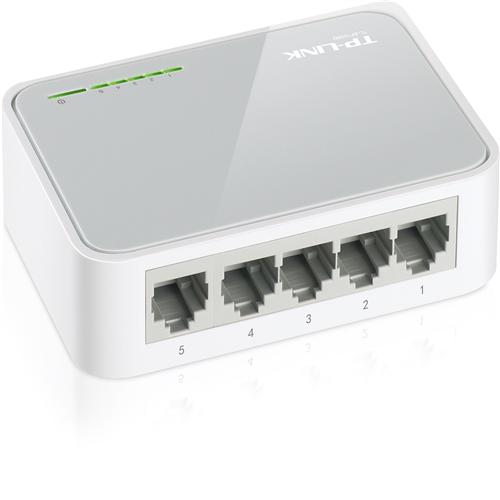 Switch de rede TP-LINK branco com cinco portas e LEDs verdes