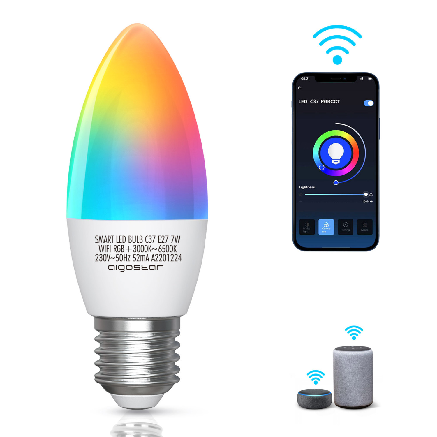 Lâmpada LED inteligente tipo vela com base E27 e controlo por app móvel e dispositivos inteligentes