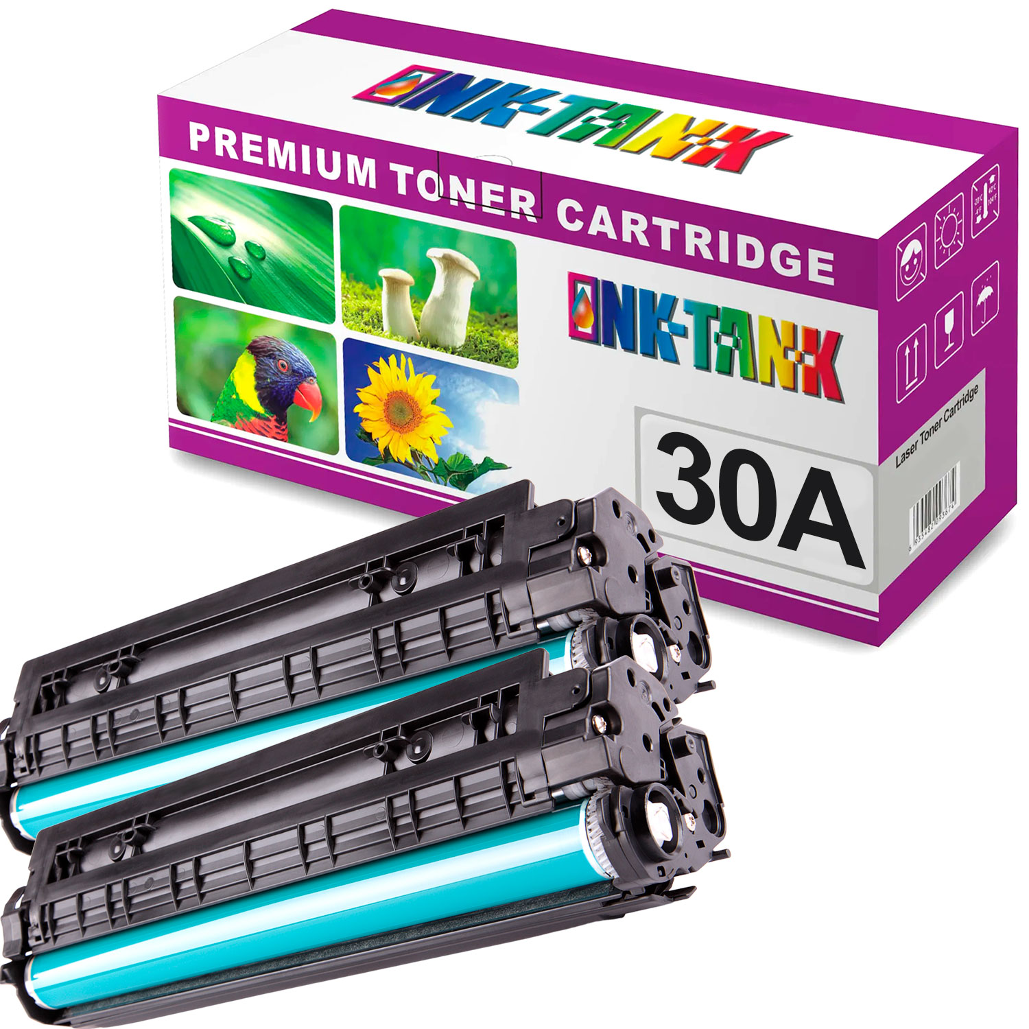 Cartuchos de toner preto com cilindros azuis e caixa de embalagem branca e roxa com texto INK-TANK e 30A