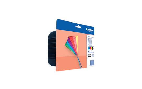 Embalagem cartucho tinta Brother azul e laranja com pipa colorida