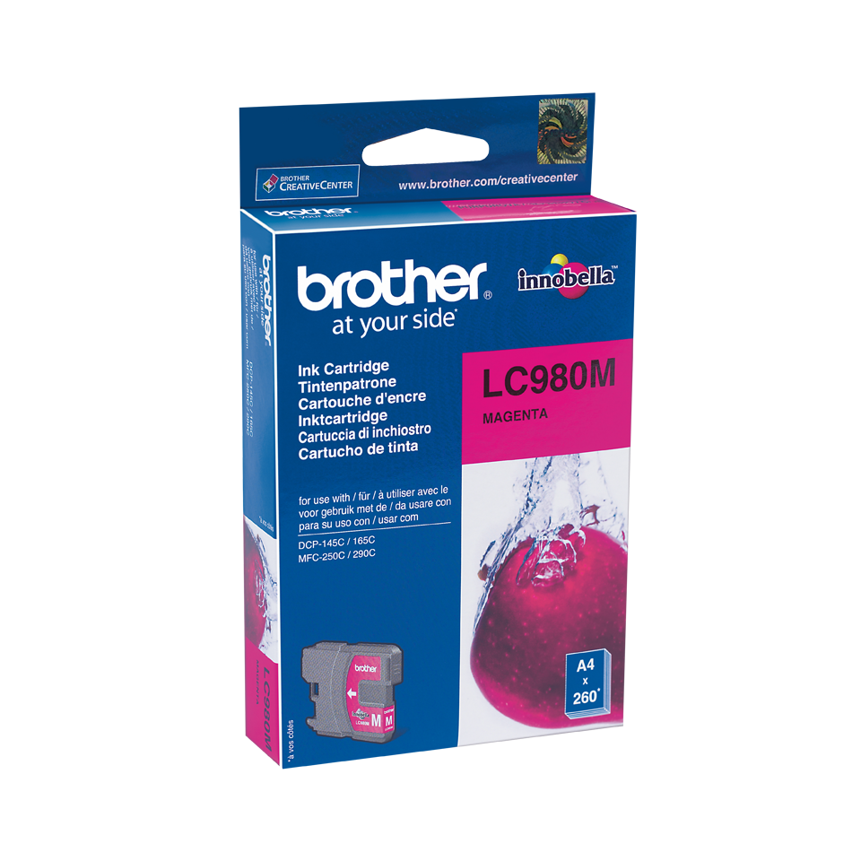Caixa de tinta Brother LC980M magenta com maçã e água