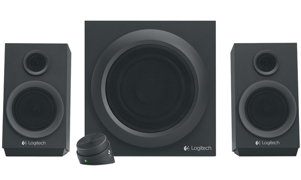 Conjunto de colunas Logitech pretas com subwoofer e controlador de volume
