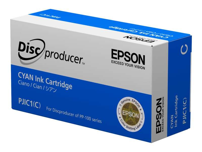 Caixa de cartucho de tinta ciano Epson azul e branca