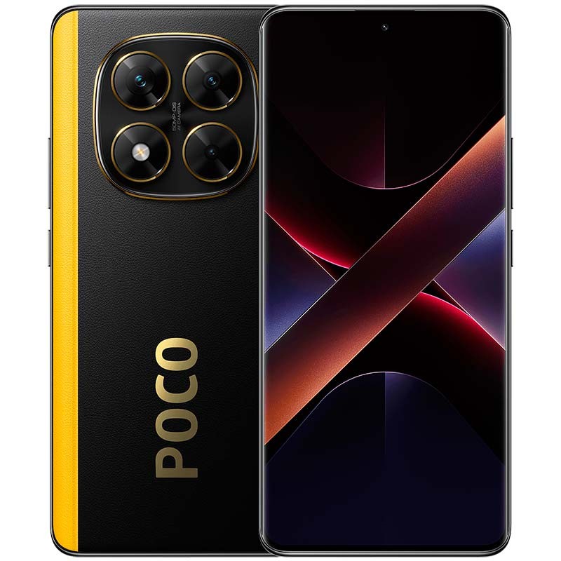 Smartphone POCO preto e amarelo com quatro câmaras na traseira e ecrã abstrato