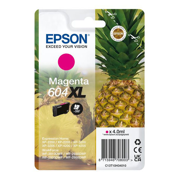 Embalagem de cartucho de tinta Epson Magenta 604 XL com imagem de ananás