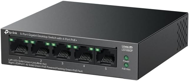 Comutador de rede TP-Link preto com 5 portas gigabit e 4 portas PoE+