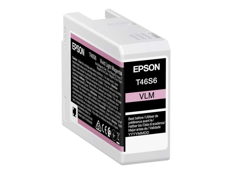cartucho de tinta Epson T46S6 Vivid Light Magenta branco com etiquetas coloridas