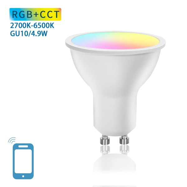 Lâmpada LED GU10 branca com topo colorido e texto RGB+CCT 2700K-6500K GU10/4.9W