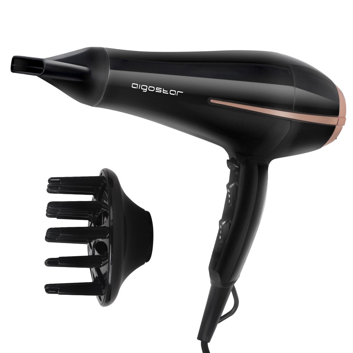 Secador de cabelo preto com detalhes em cobre e acessório diffuser