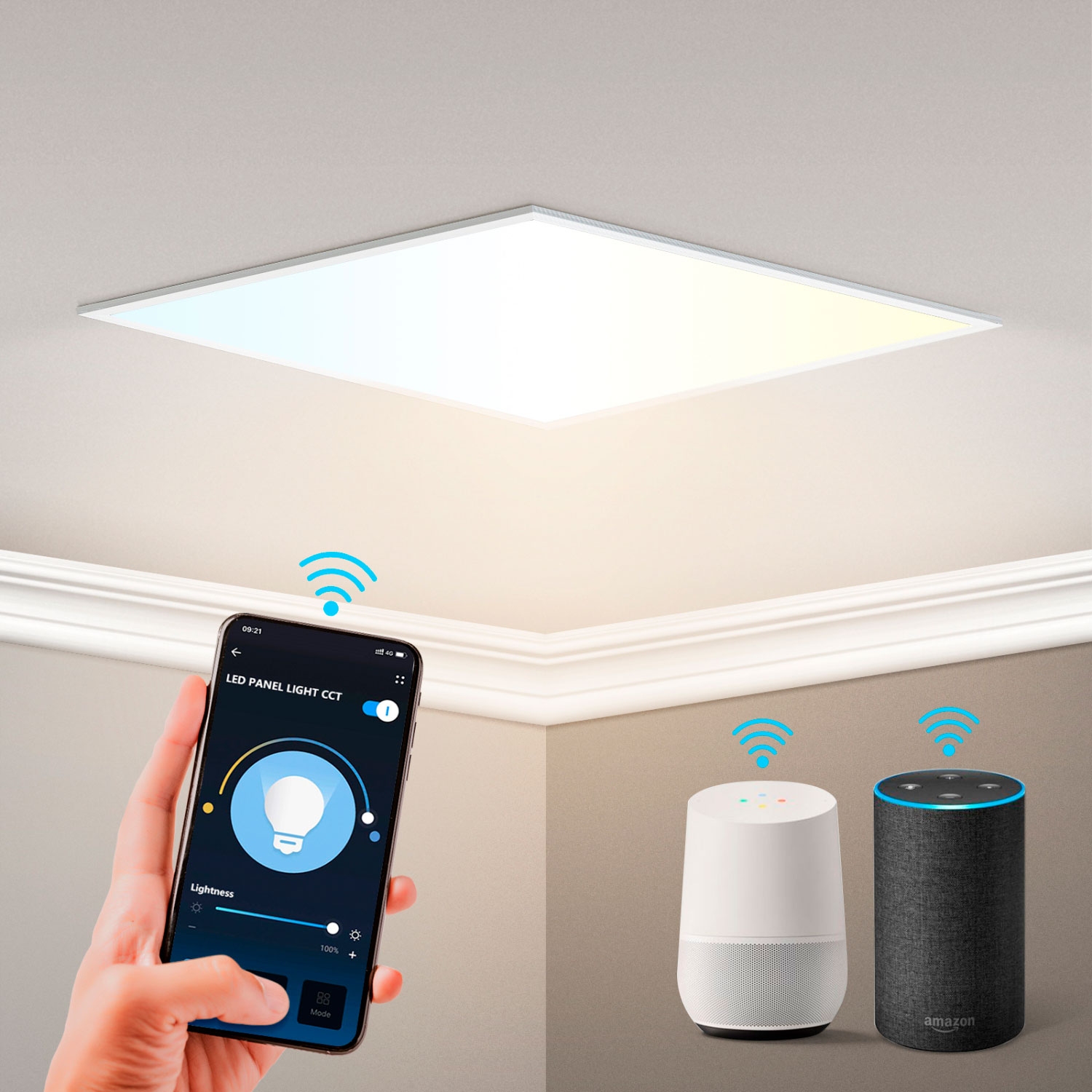 Plafon LED quadrado no teto com controlo por aplicação móvel e assistentes de voz ao lado.