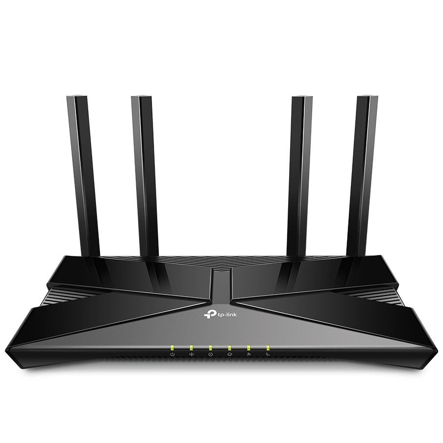 Router Wi-Fi preto TP-Link com quatro antenas e luzes LED verdes