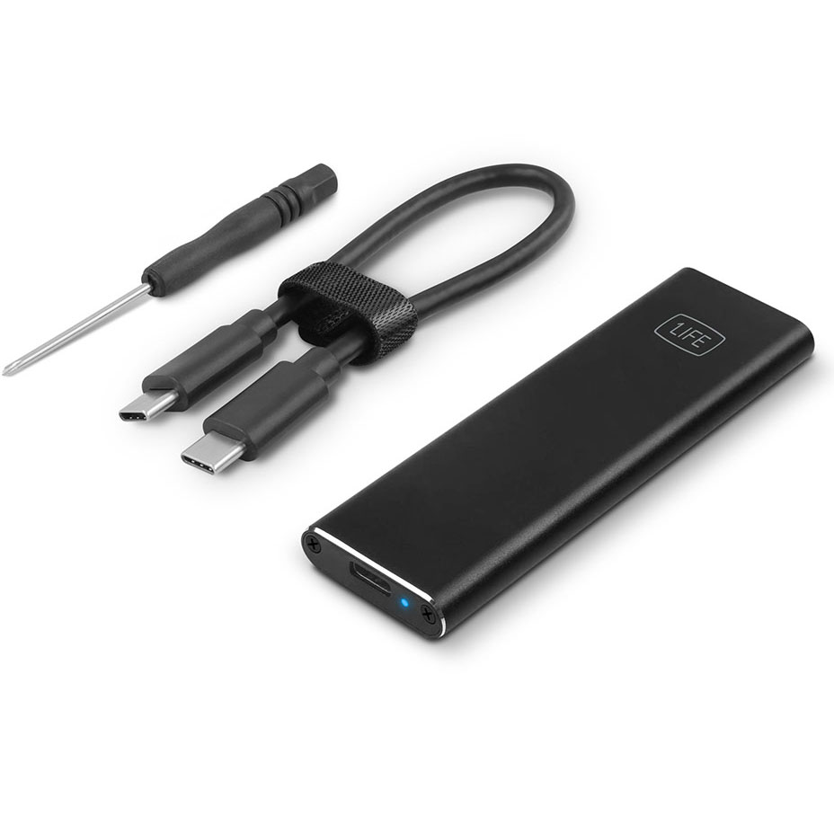 Disco rígido externo preto com cabo USB tipo C duplo e chave de fendas