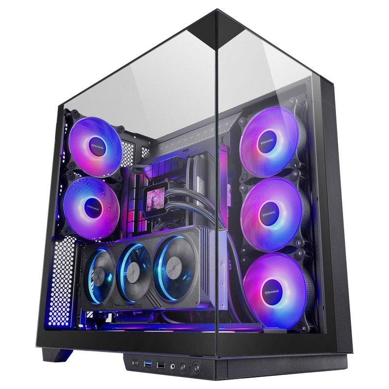 PC desktop com estrutura preta e painéis de vidro, ventoinhas RGB azuis e roxas