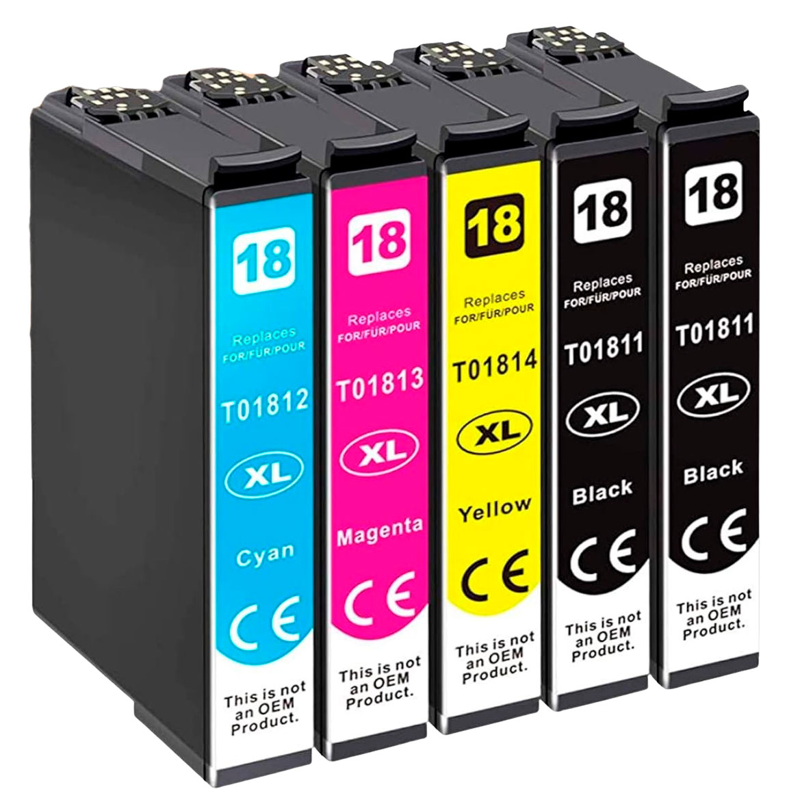 Conjunto de cinco tinteiros coloridos com etiquetas.