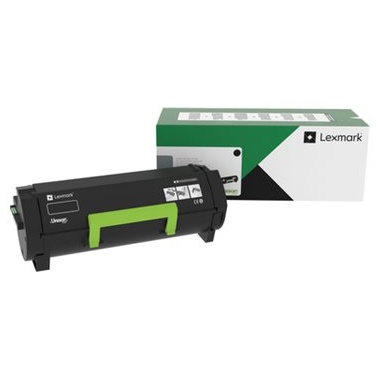 Toner Lexmark preto com detalhes verdes junto à caixa verde e branca