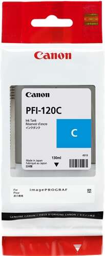 Recarga de tinta Canon PFI-120C azul em embalagem branca e vermelha.