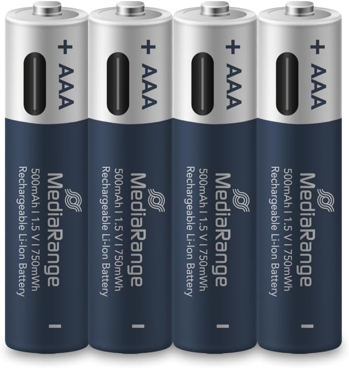 Quatro pilhas recarregáveis MediaRange AAA azul escuro e prateadas