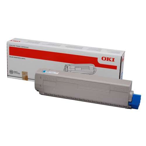 Toner original OKI com embalagem branca e detalhe vermelho
